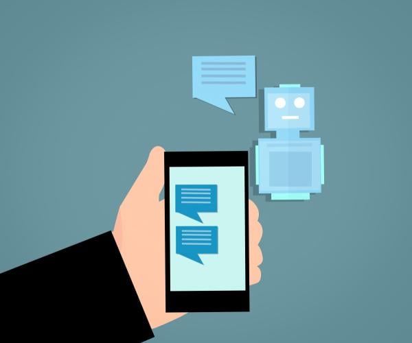 graphic of a hand holding a phone with messaging icons on it and above the phone