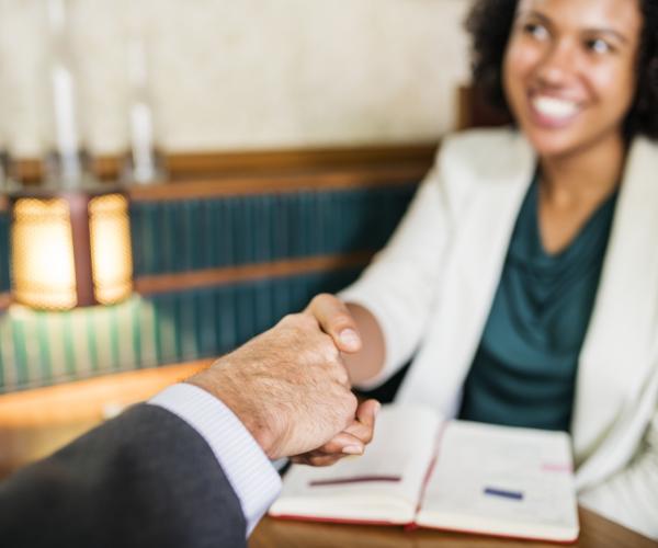 woman shaking hands with a business man