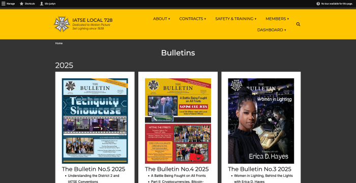 Showcase of the PDF Library view used for Bulletins of information at IATSE 728