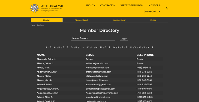 Showcase of the Directory view for members of IATSE 728