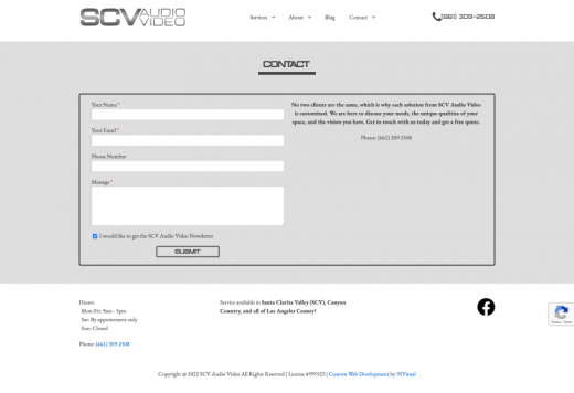 Contact page for SCV Audio Visual.