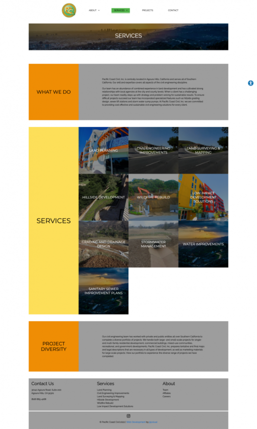 Pacific Coast Civil's offered services list with imagery.