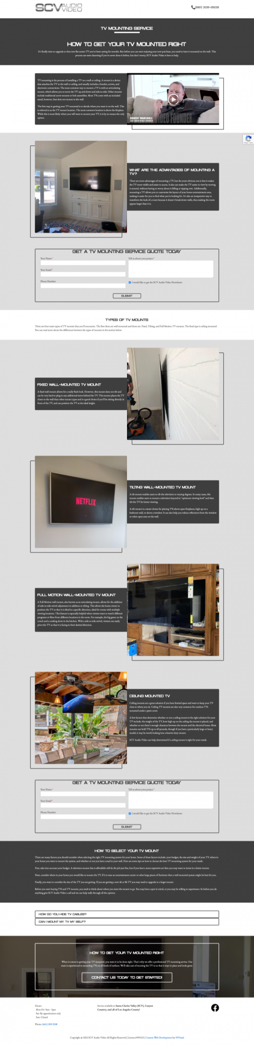 TV Mounting Services Quote page on SCV Audio Video's website.