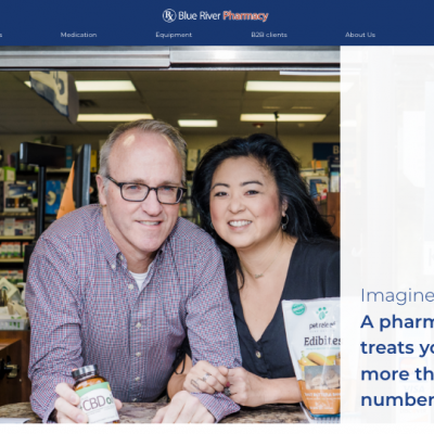 Blue River Pharmacy's new website's first fold of the homepage.