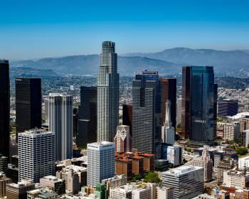 Downtown Los Angeles during the day from a helicopter