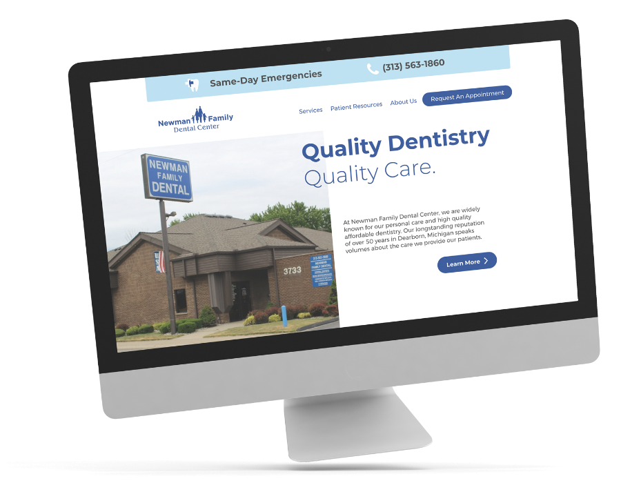 Newman Family Dental's first fold of their homepage.