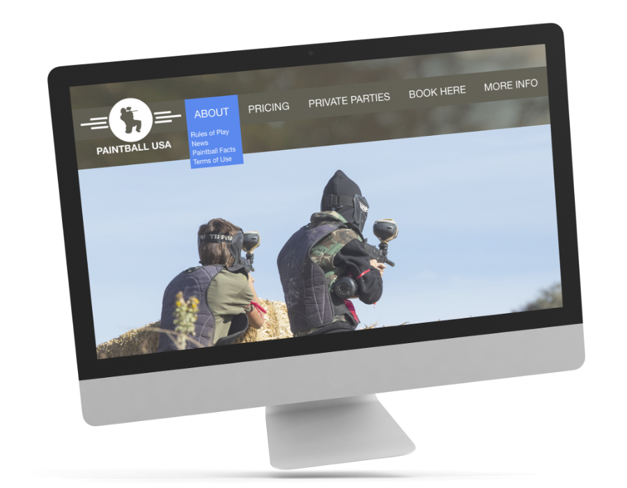 Paintball USA's first fold of their homepage.