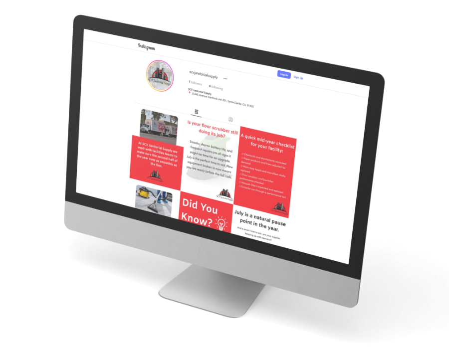 Preview of SCV Janitorial Supply's Instagram feed shown on a mac.