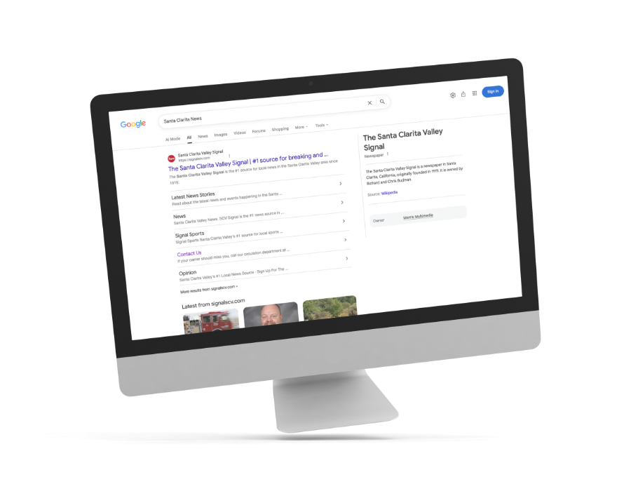 Google search for Santa Clarita news that shows the top listing of The Signal SCV that 95Visual worked with for their Search Engine Optimization.