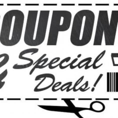a white graphic with black text that reads "Coupons! Special Deals."