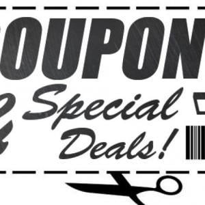 a white graphic with black text that reads "Coupons! Special Deals."