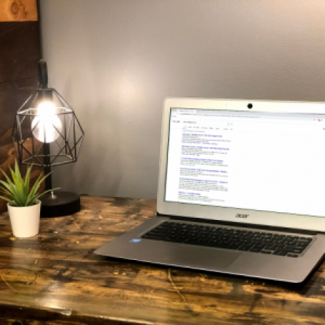 a laptop sits open on a wooden desk. an industrial designed lightbulb sits to the left of the laptop, and in front of the lightbulb lamp sits a white planter with a succulent inside.