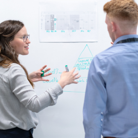 Two people discussing strategy in front of a whiteboard.