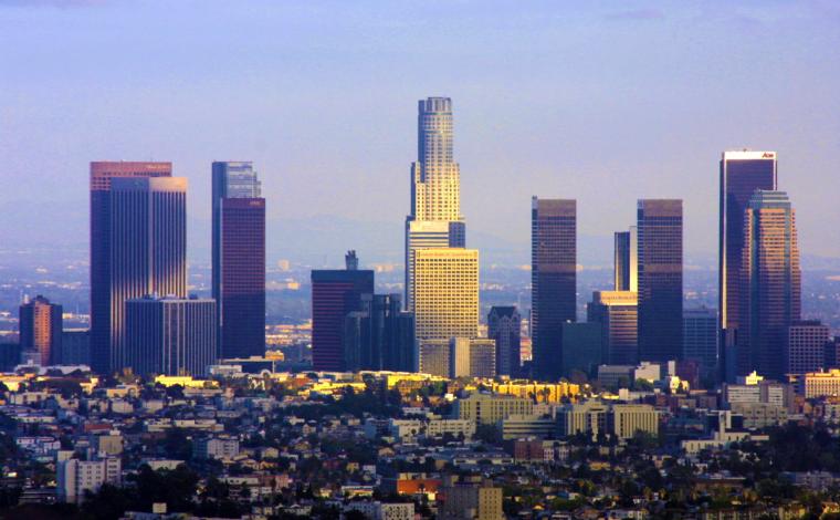 los angeles city skyscraper buildings. other smaller buildings line the bottom of the image