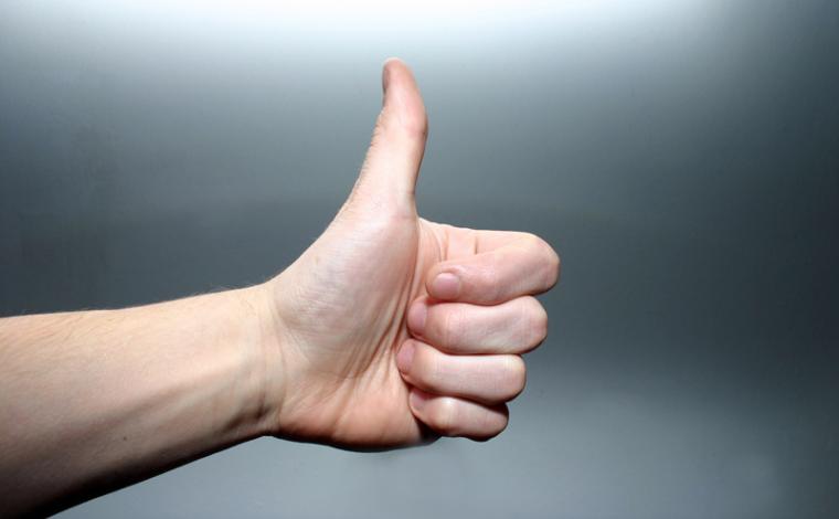 someone holding their left thumb in the thumbs up position