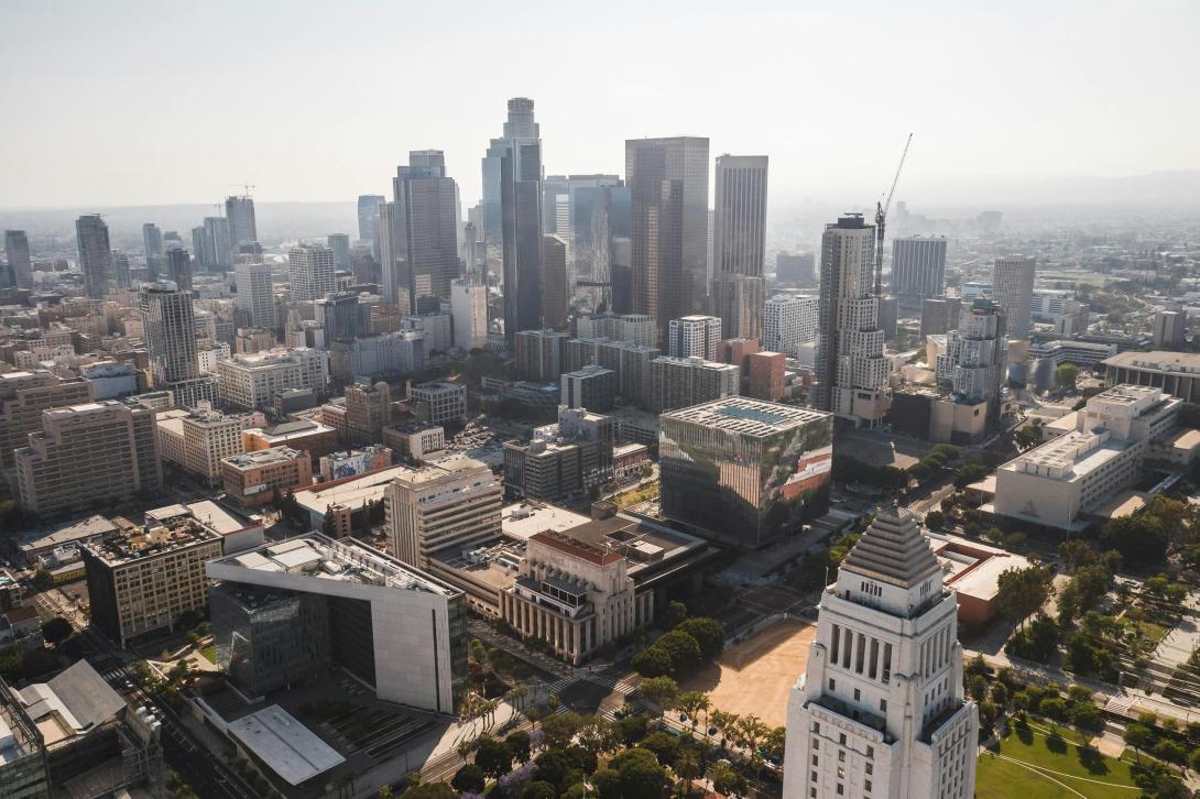 Overhead view of Los Angeles city's downtown area.